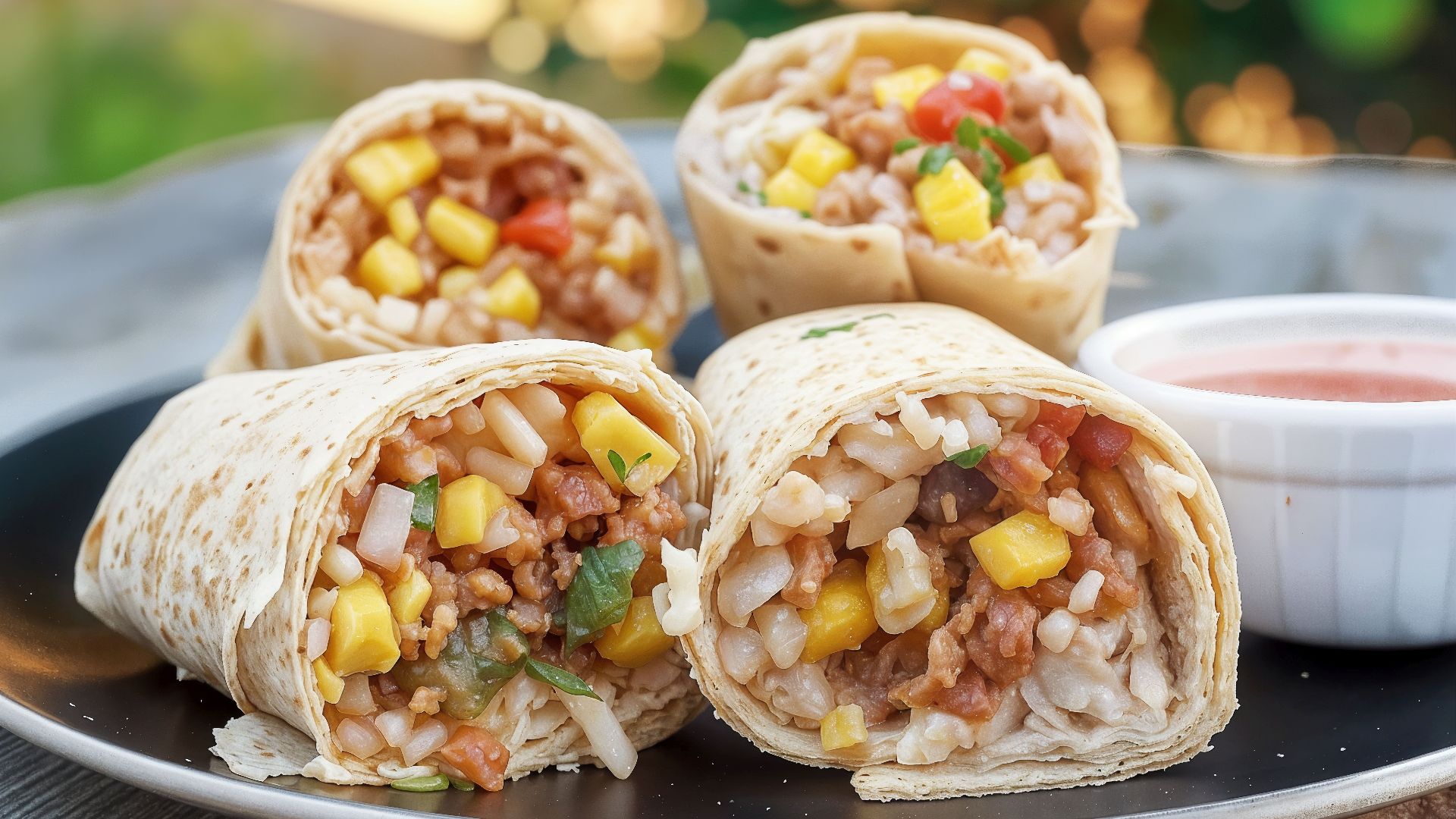 Tasty vegan burritos filled with rice, corn, and more, served with fresh salsa.