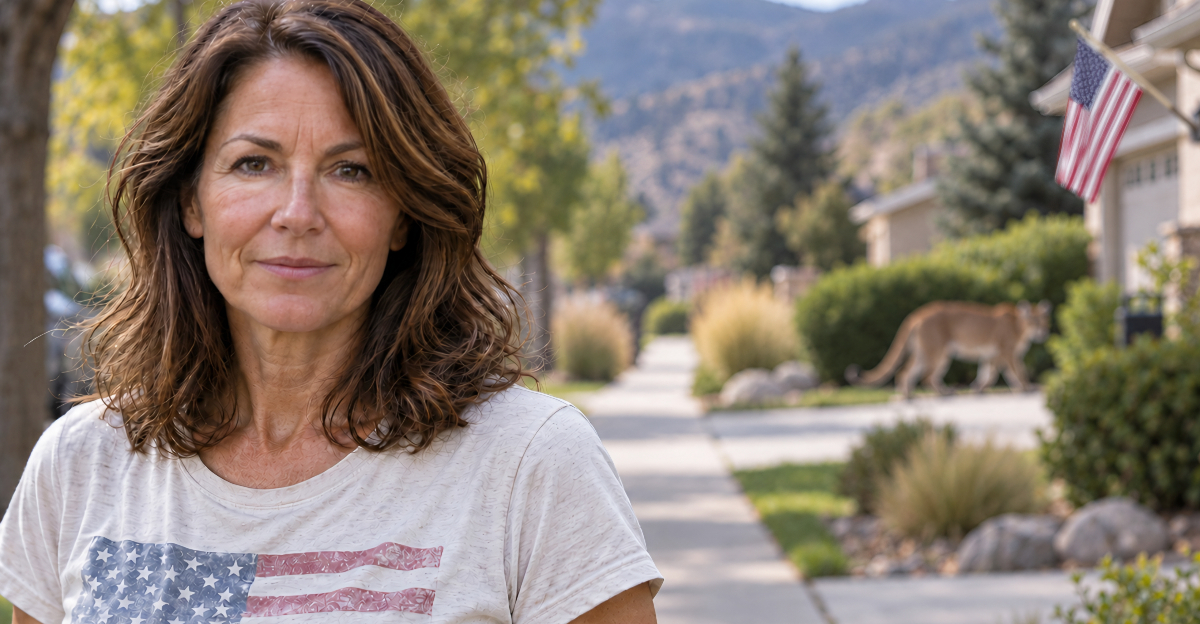 Woman in suburbs, mountain lion in background