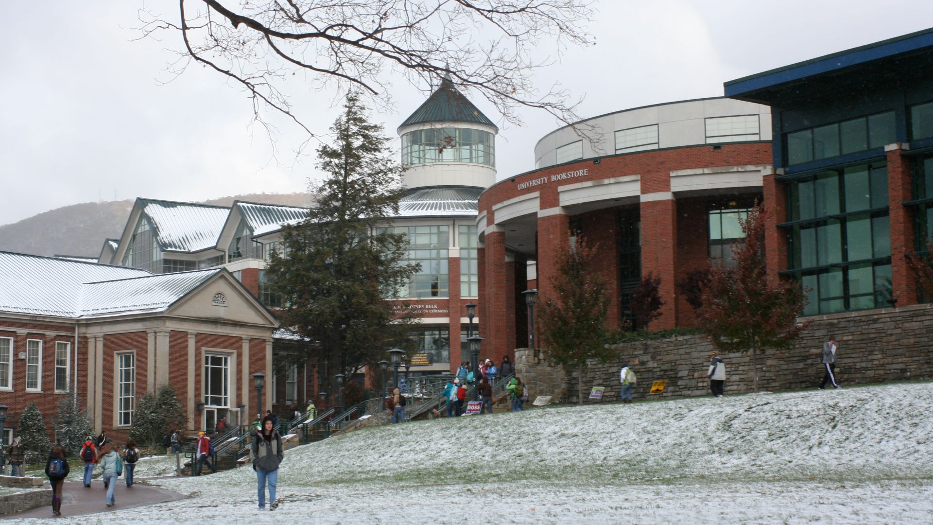 A view towards the library and student union from Sanford Mall at Appalachian State
