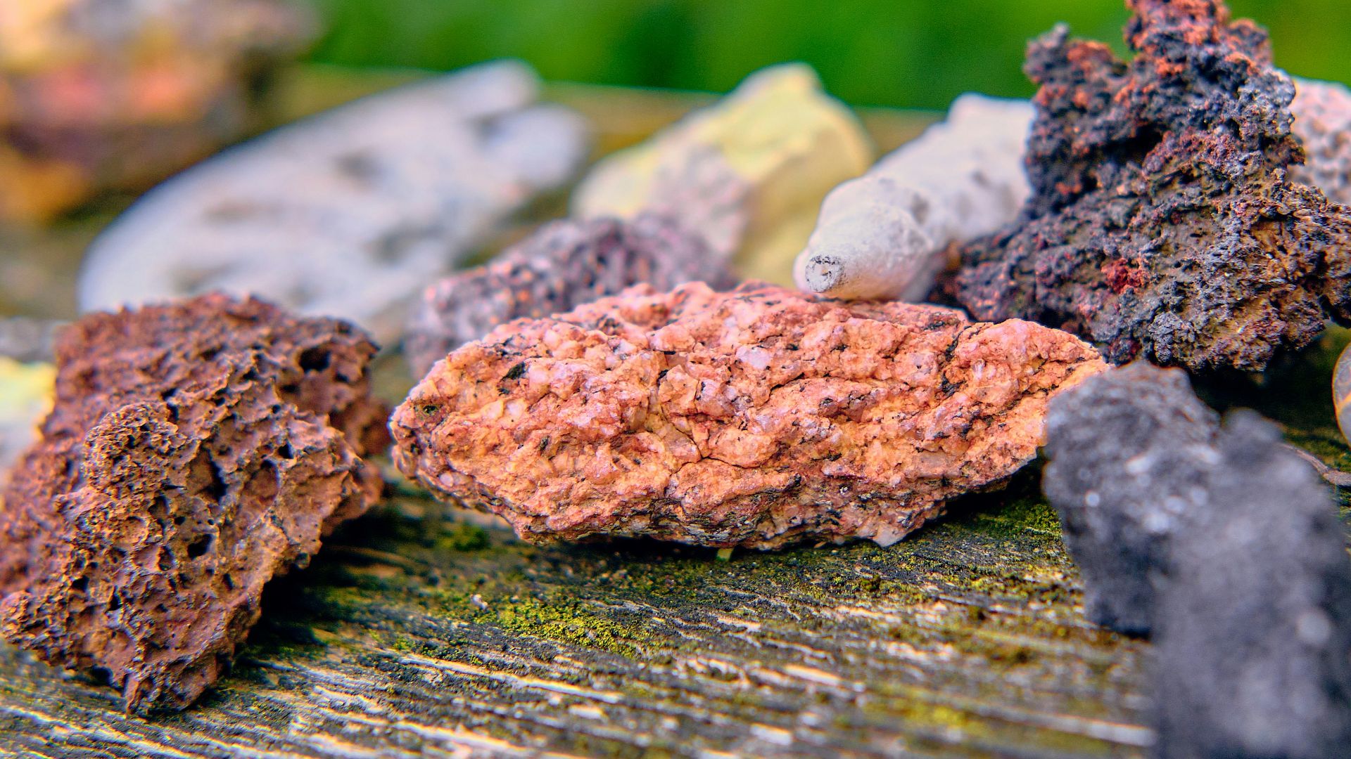 a bunch of rocks sitting on top of a wooden table