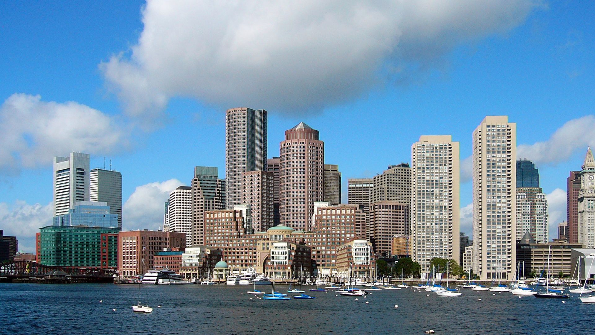 Skyline of Boston.  Picture was taken from a whale watching ferry that left from the aquarium dock.  It is the Eastern side of the Boston peninsula.