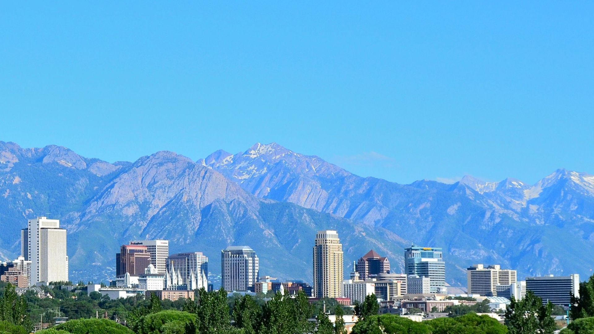 The skyline of Salt Lake City, Utah as seen in July 2011.