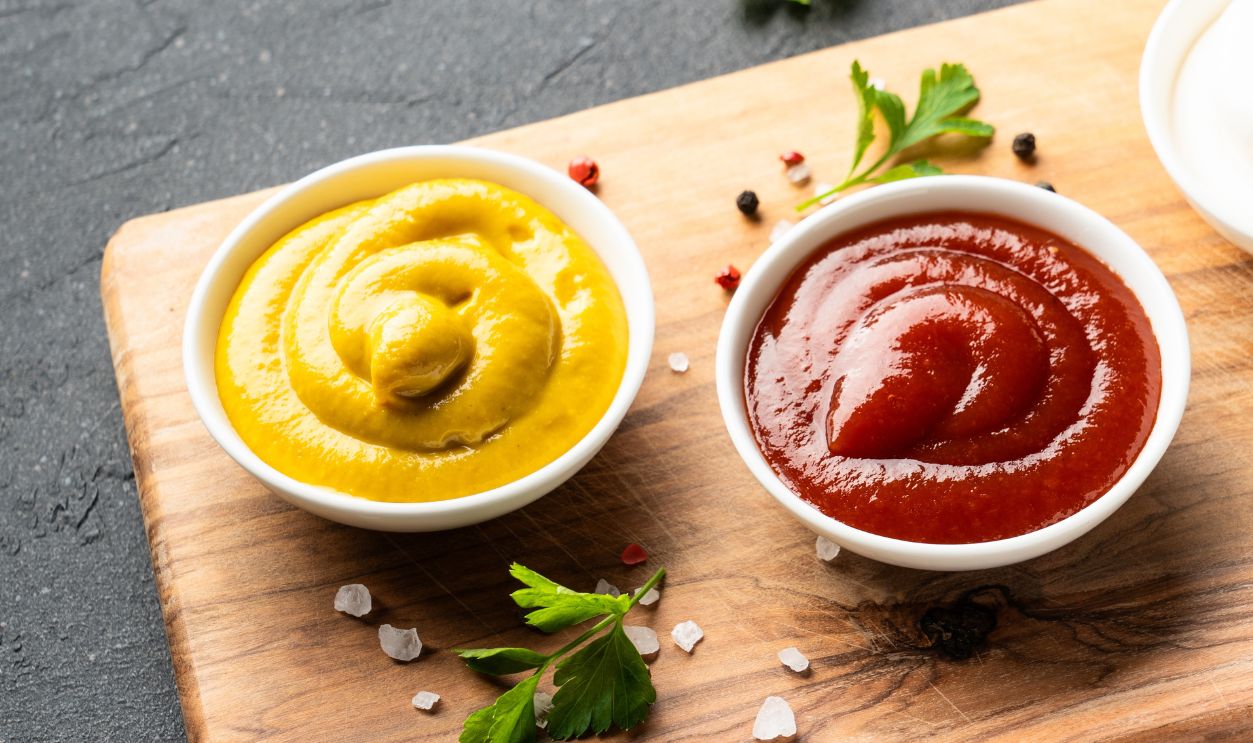 Ketchup, mayonnaise and mustard in the bowls on black background.