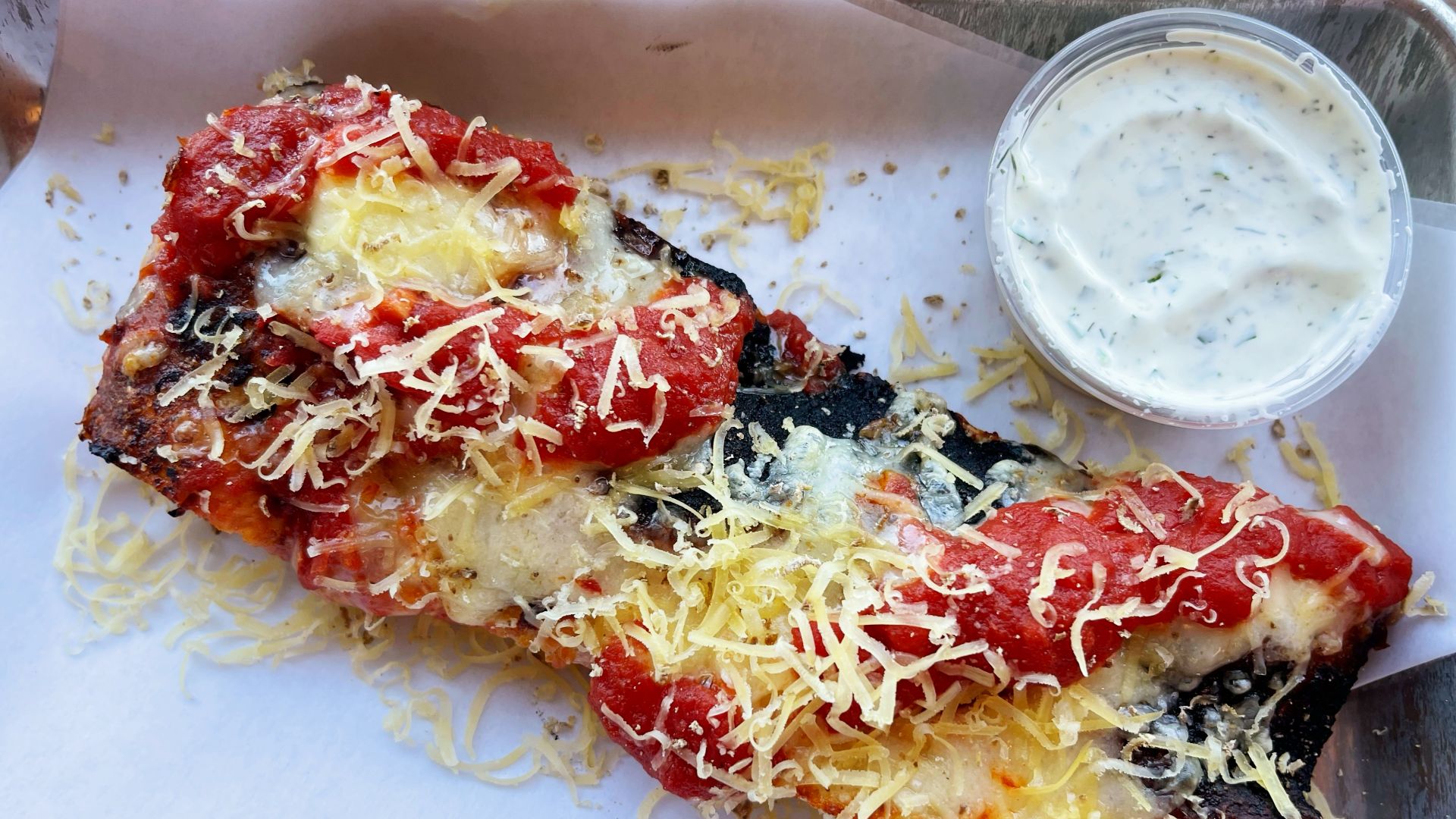 Cheese pizza with ranch dressing at Psychic Pie, Sebastopol, California.
