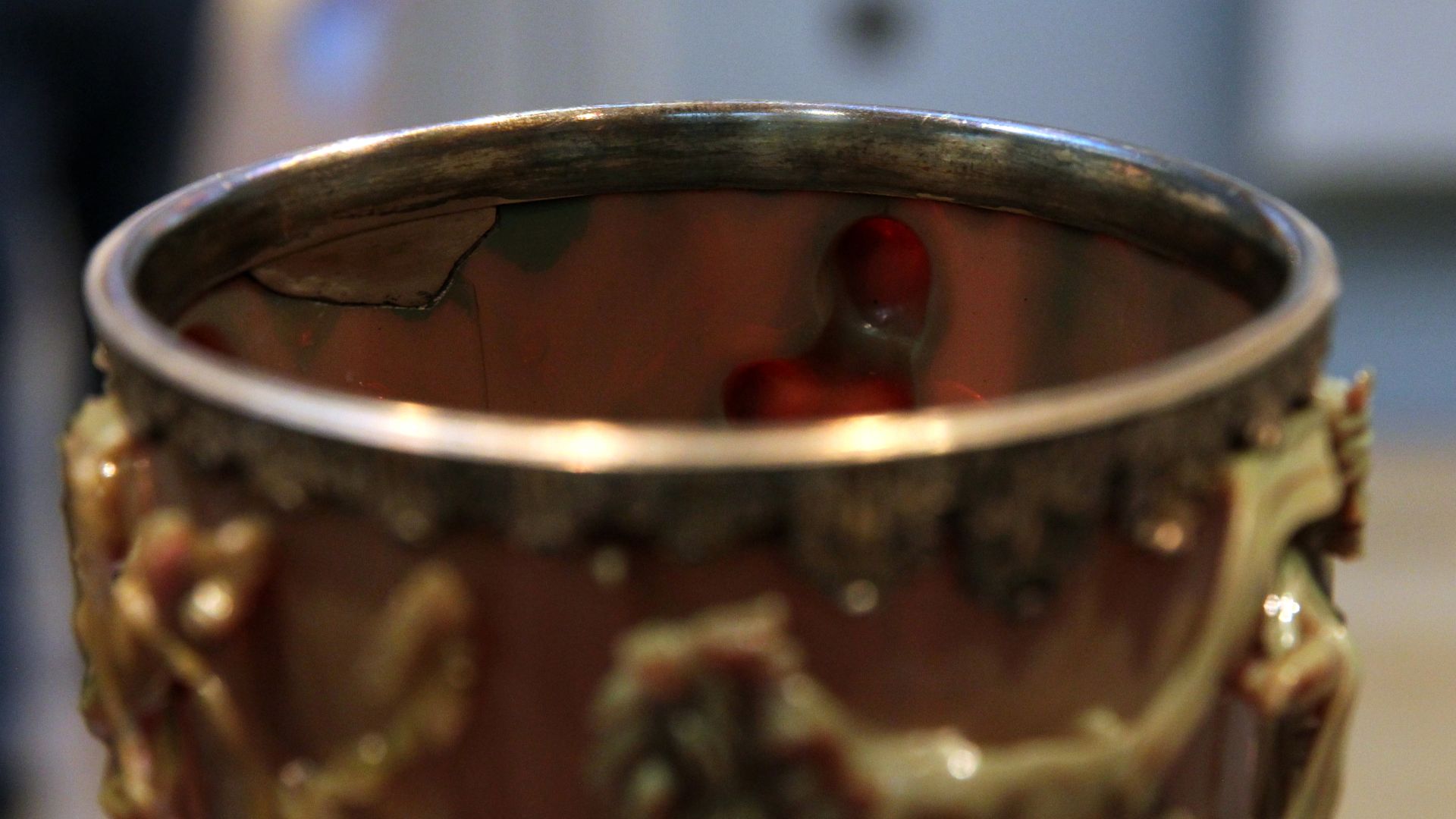 The Lycurgus Cup : view of the inside, showing that the figures are hollow. Room 41, British Museum.