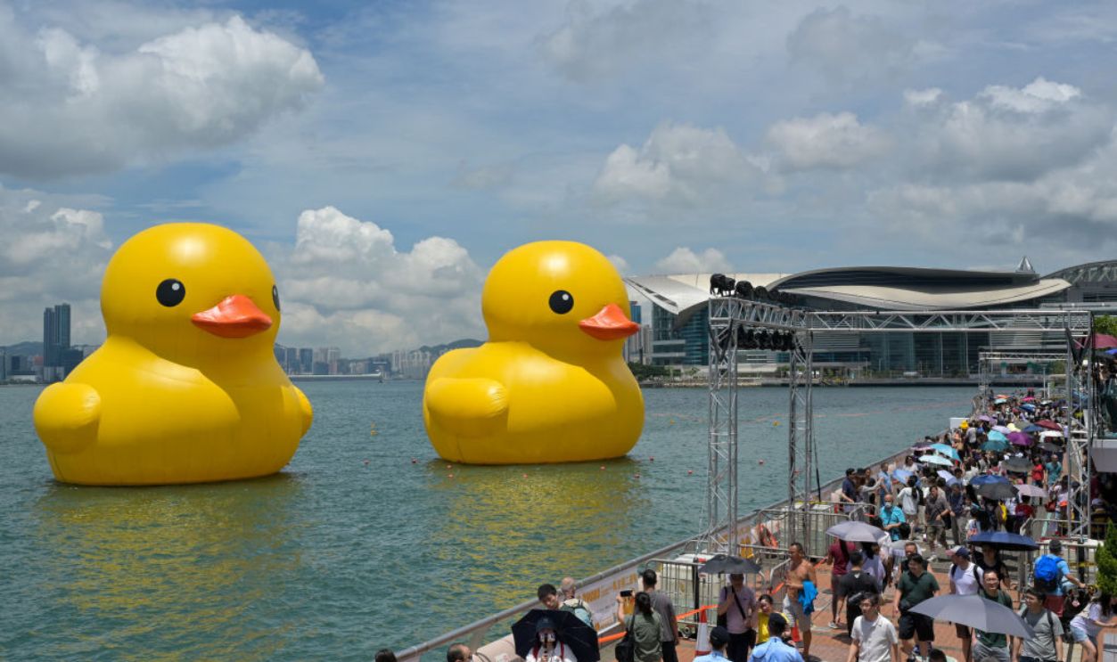 HONG KONG, CHINA - JUNE 10: People look at two 18-metre-tall inflatable rubber duck sculptures, created by Dutch artist Florentijn Hofman, during a large-scale public art exhibition 