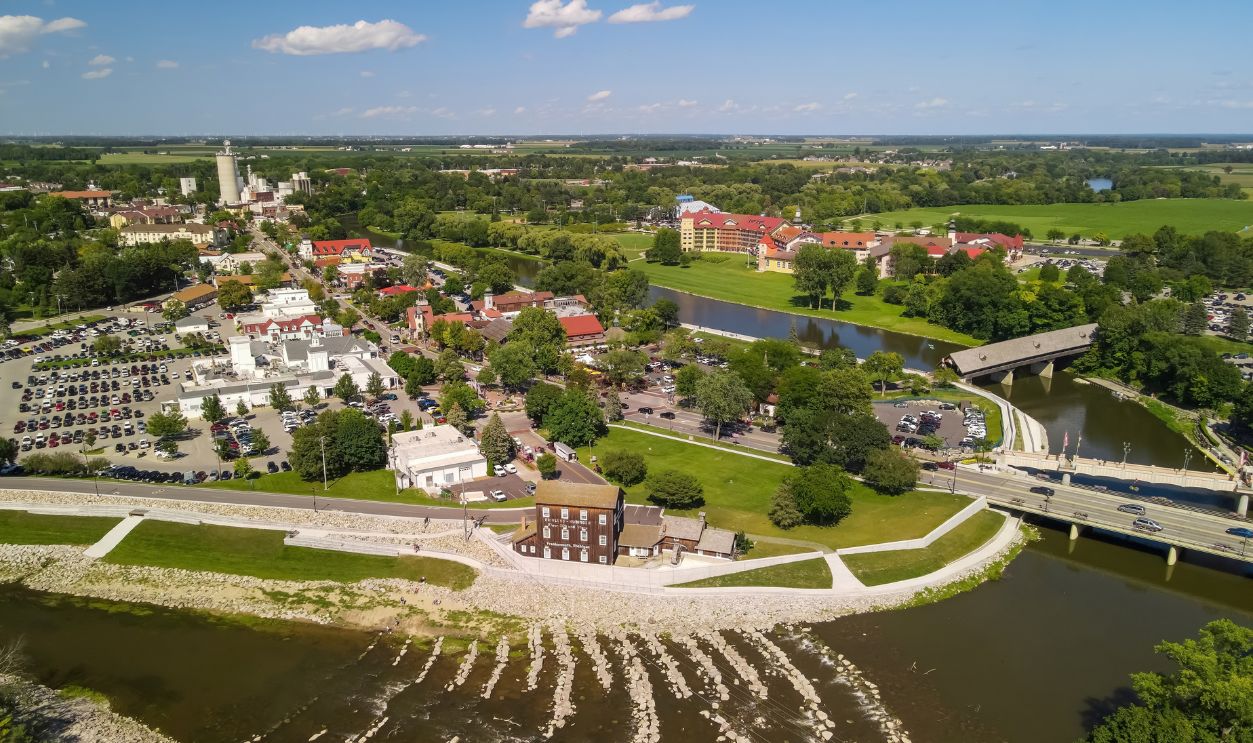 Frankenmuth, Michigan - August. 14, 2021: Aerial view of Frankenmuth city in Michigan, known for its Bavarian-style architecture.
