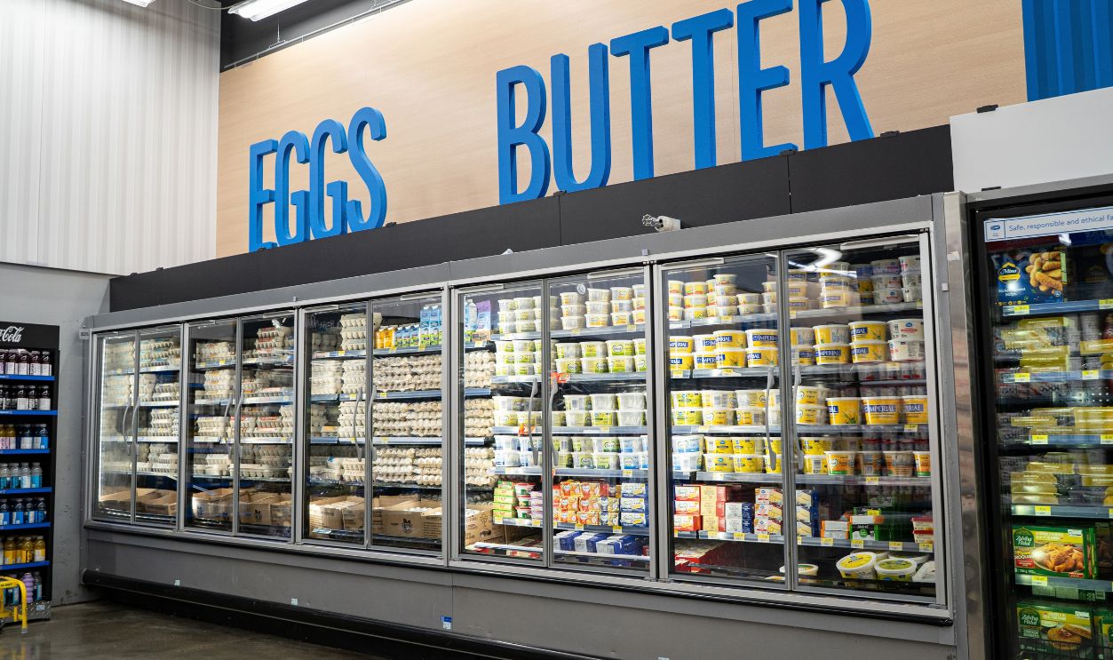 View of eggs and butter products in refrigerated grocery section. Toronto, Canada - November 26, 2025.