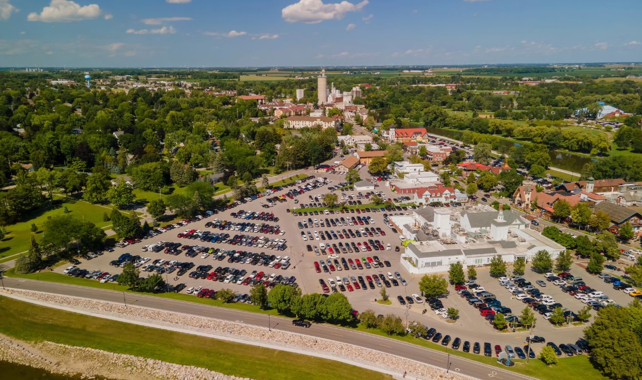 Frankenmuth, Michigan - August. 14, 2021: Aerial view of Frankenmuth city in Michigan, known for its Bavarian-style architecture.