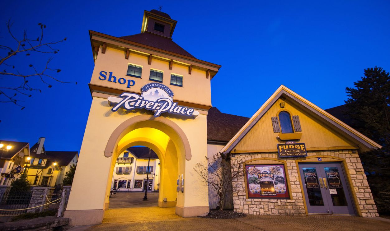 Frankenmuth, Michigan, USA - April 17, 2016: Entrance to the popular Riverplace  shopping district in downtown Frankenmuth, Michigan.