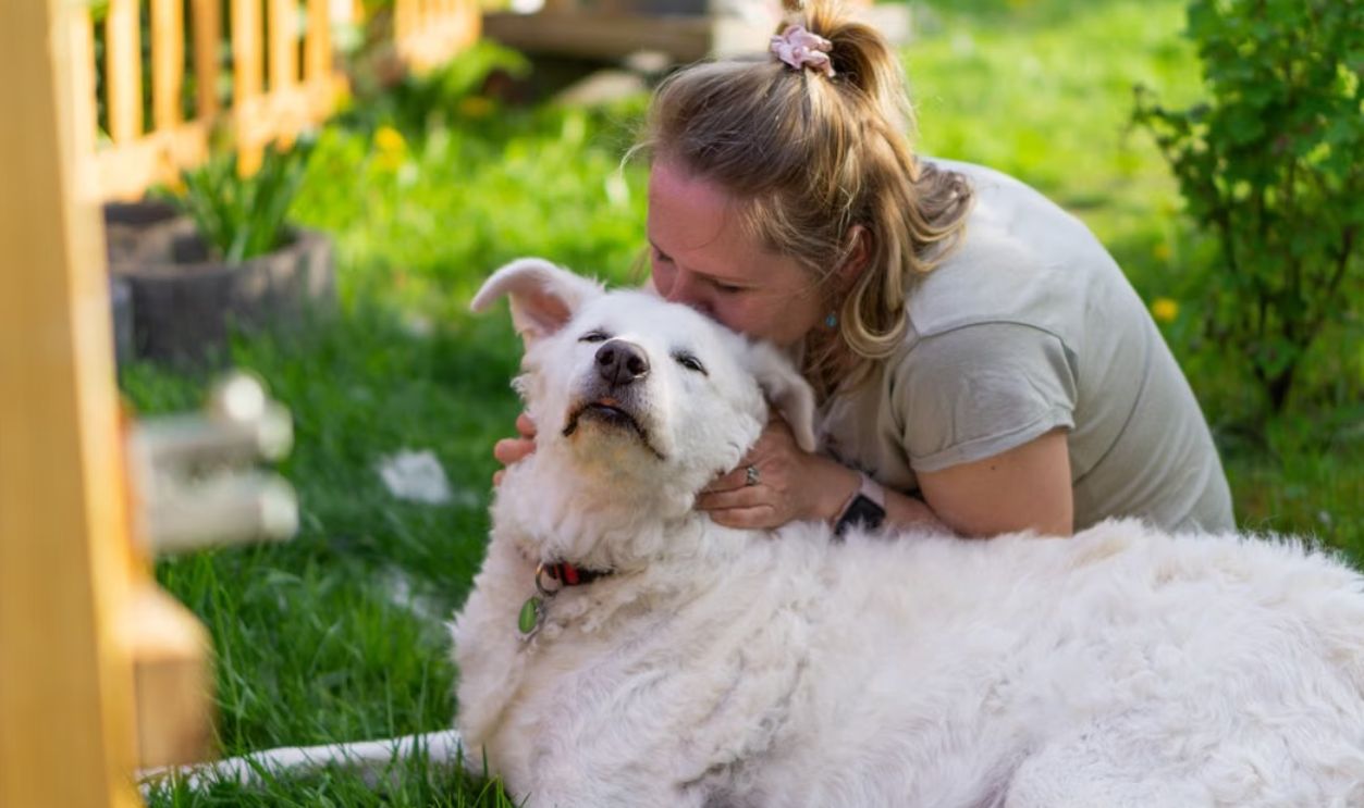 A joyful moment of a woman embracing her fluffy white dog outdoors in a garden