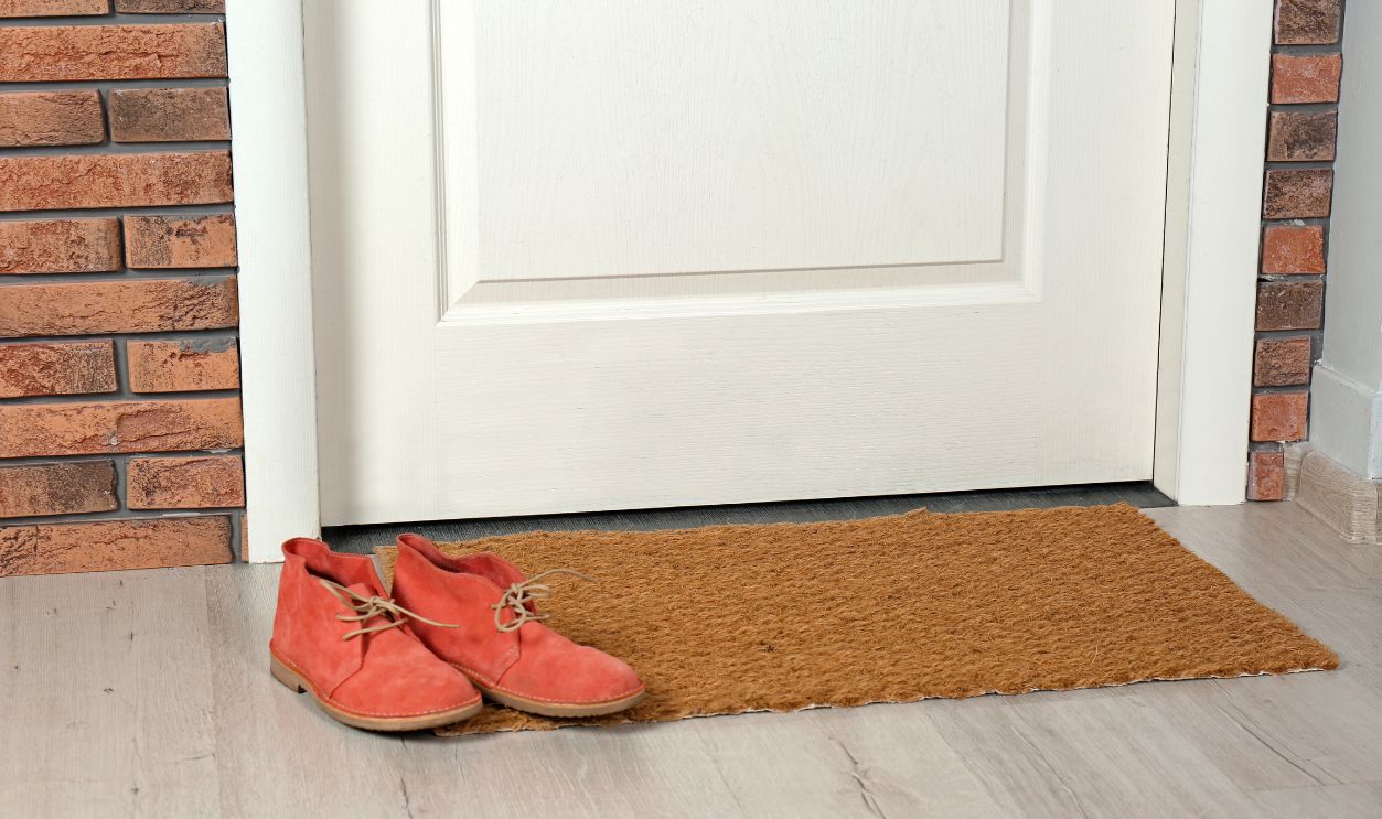 New clean mat with shoes near entrance door