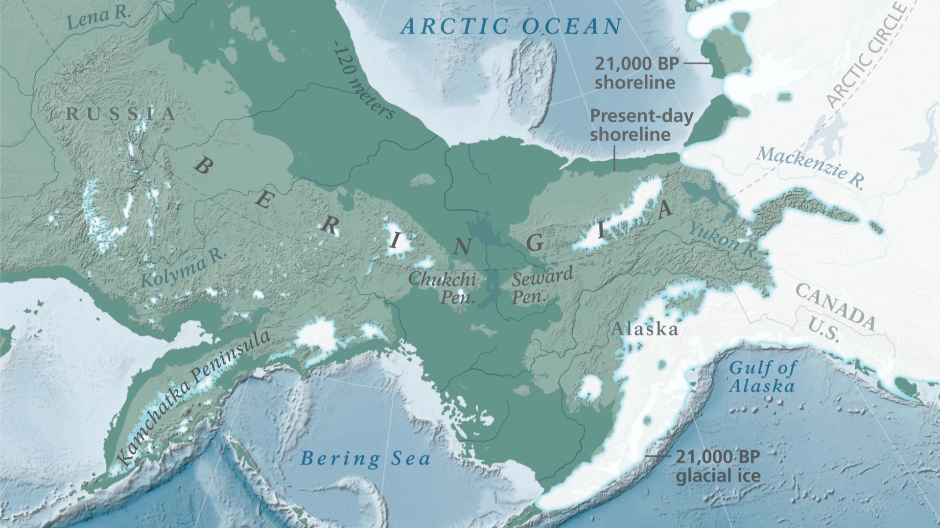 This map, published by the U.S. National Park Service, illustrates the hypothetical land bridge thought to have existed between Asia and North America circa 21,000 years before present, during the Last Glacial Maximum.