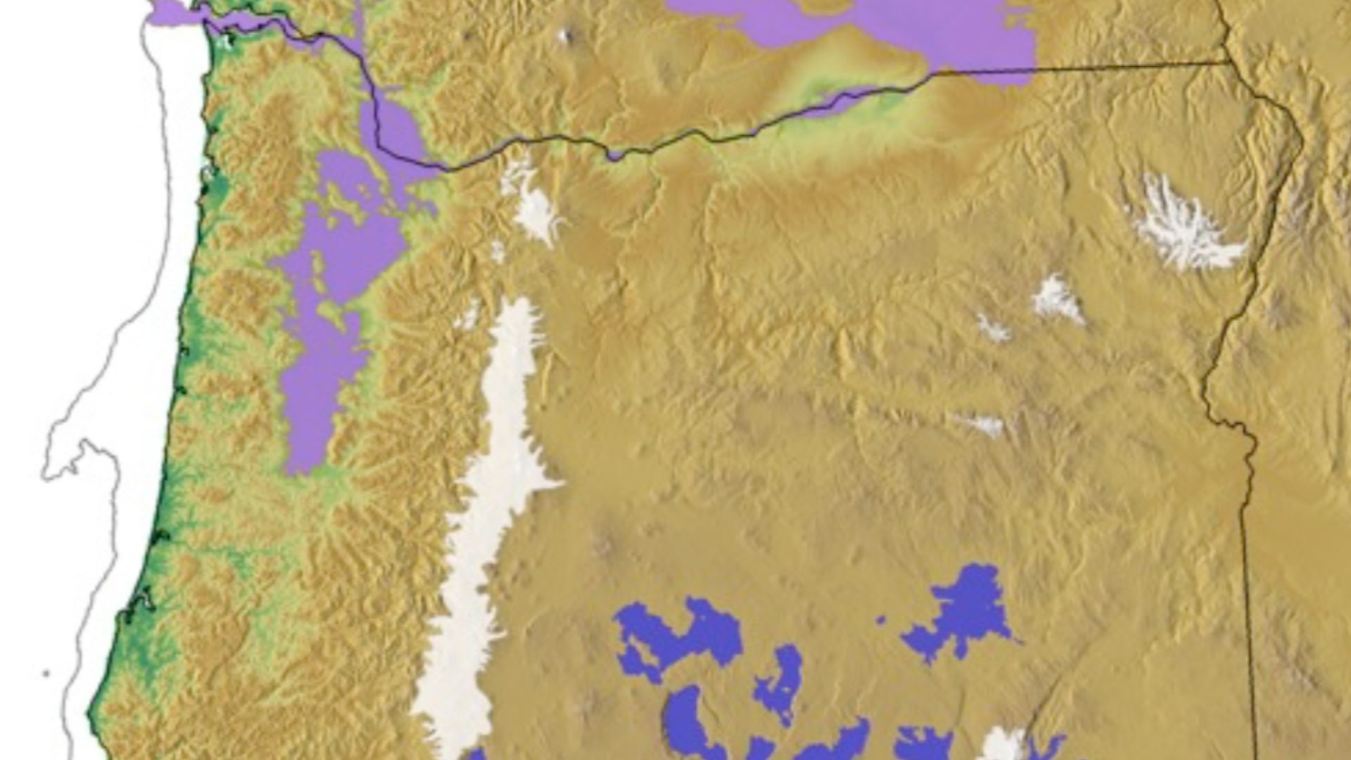 The glacial periods left distinctive fingerprints across Oregon. During the Last Glacial Maximum, sea level was approximately 120 m (400 ft) lower than today and the Pacific Coast was 20 - 60 km (13 -38 mi) further to the west (shown as gray line). The “p