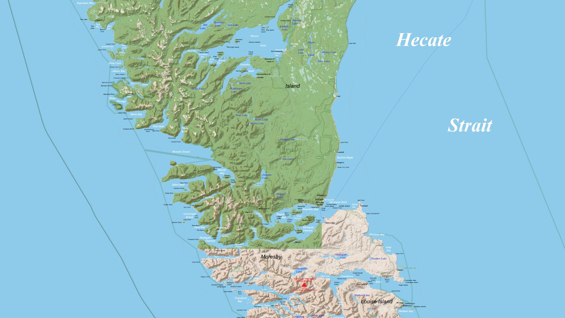 This map of Haida Gwaii shows the islands' towns, villages and some other geographical details, and is likely the most comprehensive map of the islands in this respect that you'll find anywhere online. It has been stitched together from panels of Open Str