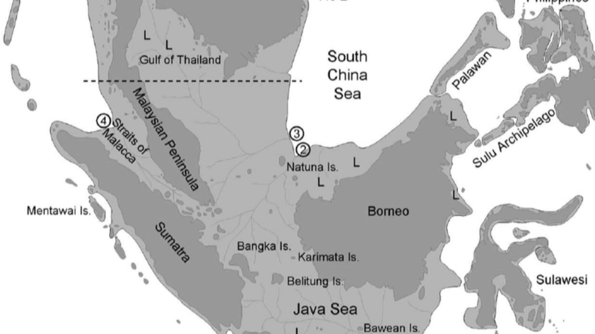 Map of Sundaland at the height of the last ice age. The light gray areas indicate the areas that were exposed and the dark gray areas depict the map today. Potential lakes are marked with the letter L, and the numbers refer to existing rivers.