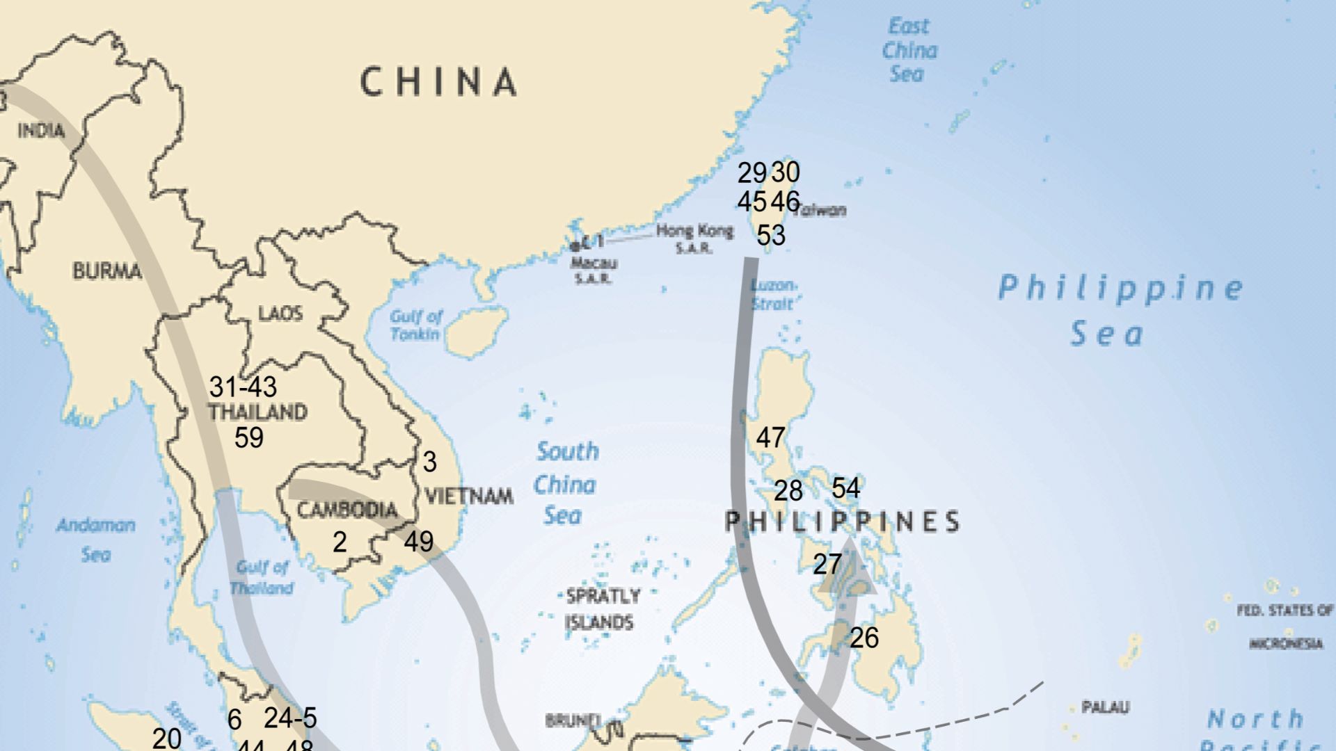 Map of Island Southeast Asia (ISEA) and generalized migration patterns.
All populations examined in this studied are assigned numbers (see Table S1). The arrows are shaded from dark to light according to consecutive migration events: 1) the Southern migra