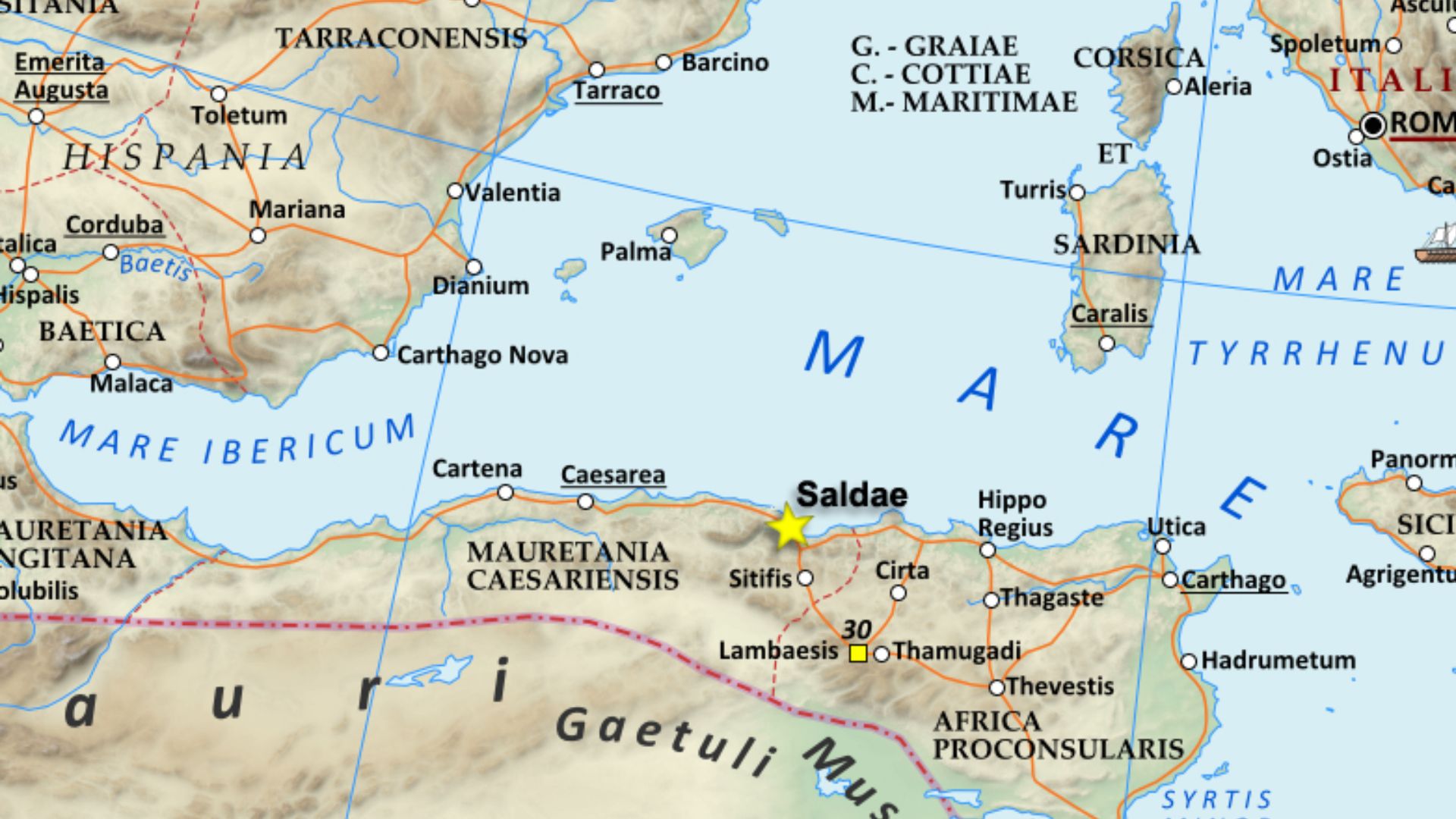 This is a map of the Western Roman empire around the Mediterranean, around the time of Hadrian in the 2nd century AD. It specifically shows Saldae, at this time an important port city, and later the capital of the Vandal Kingdom.