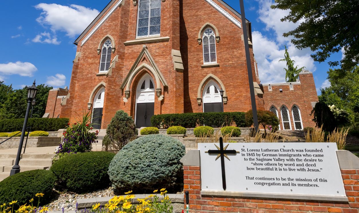 Frankenmuth, Michigan - August. 14, 2021: Historic St Lorenz Lutheran Church built by German immigrants in 1845 in Saginaw Valley, Michigan.
