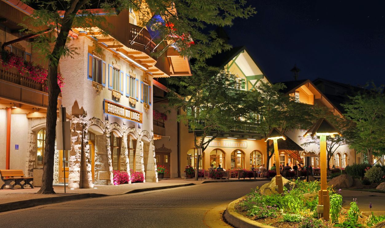 Frankenmuth, Michigan, USA - July 14, 2019. Beautiful architecture in German style. Authentic view of the street in amazing tourist town in Michigan.
