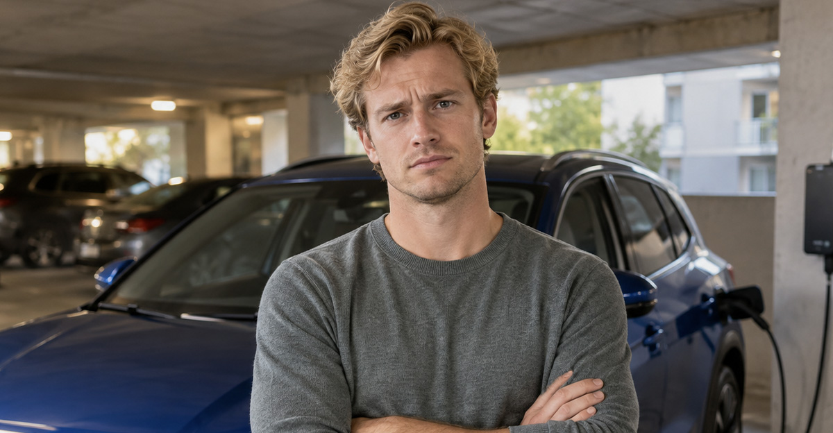 AI-generated image of a condo resident standing in front of his electric vehicle while it charges.