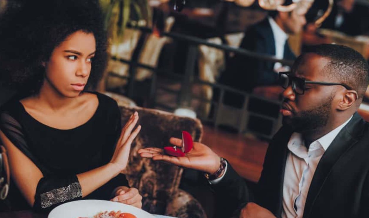  Man Proposing Engagement Ring and Getting Denied. Romantic African American Couple in Love Dating. Cutel Man and Girl in a Restaurant. Romantic Concept. Negative Reaction to Proposing.