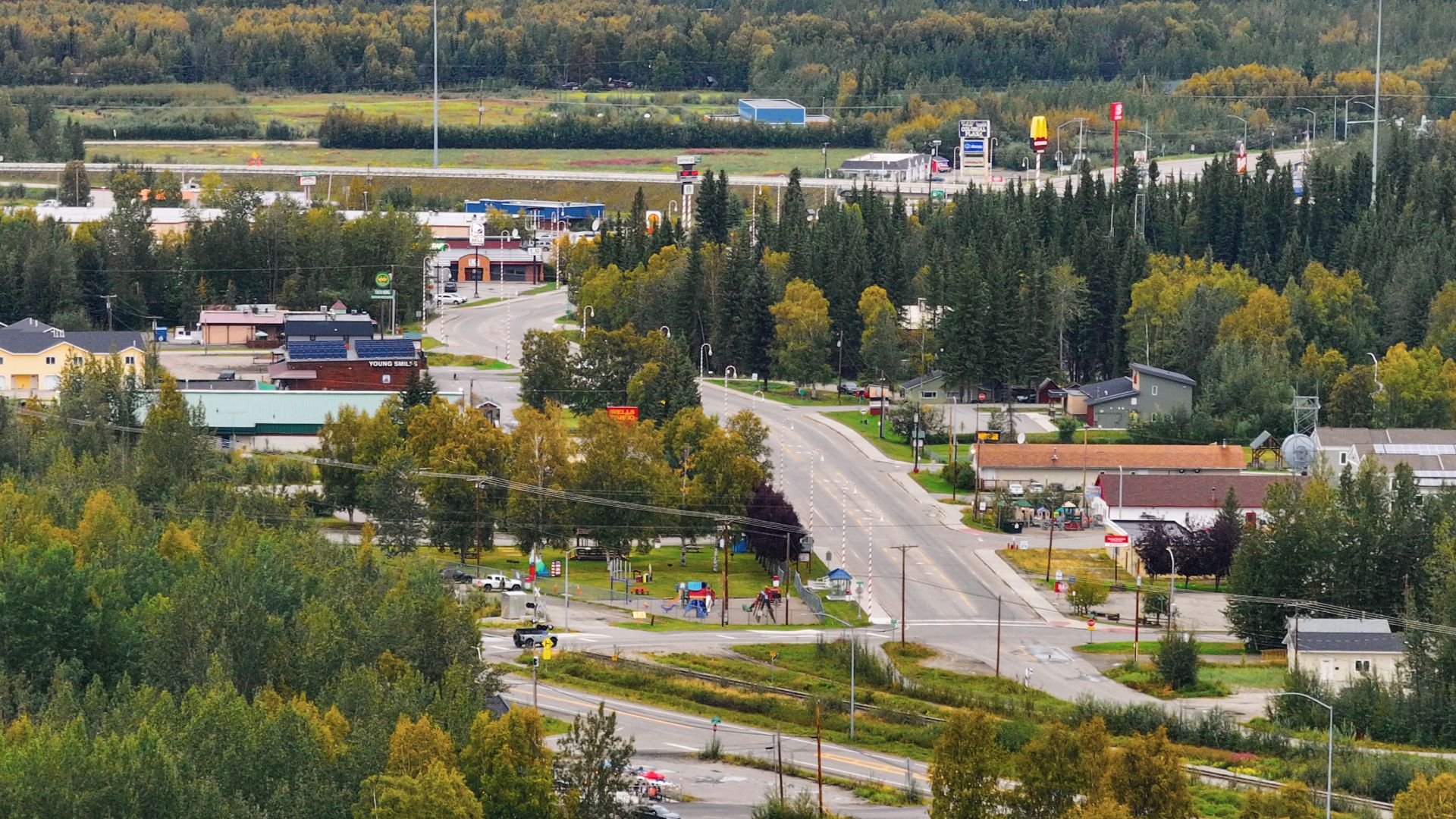Aerial view of downtown North Pole, Alaska (pop. 2,243).