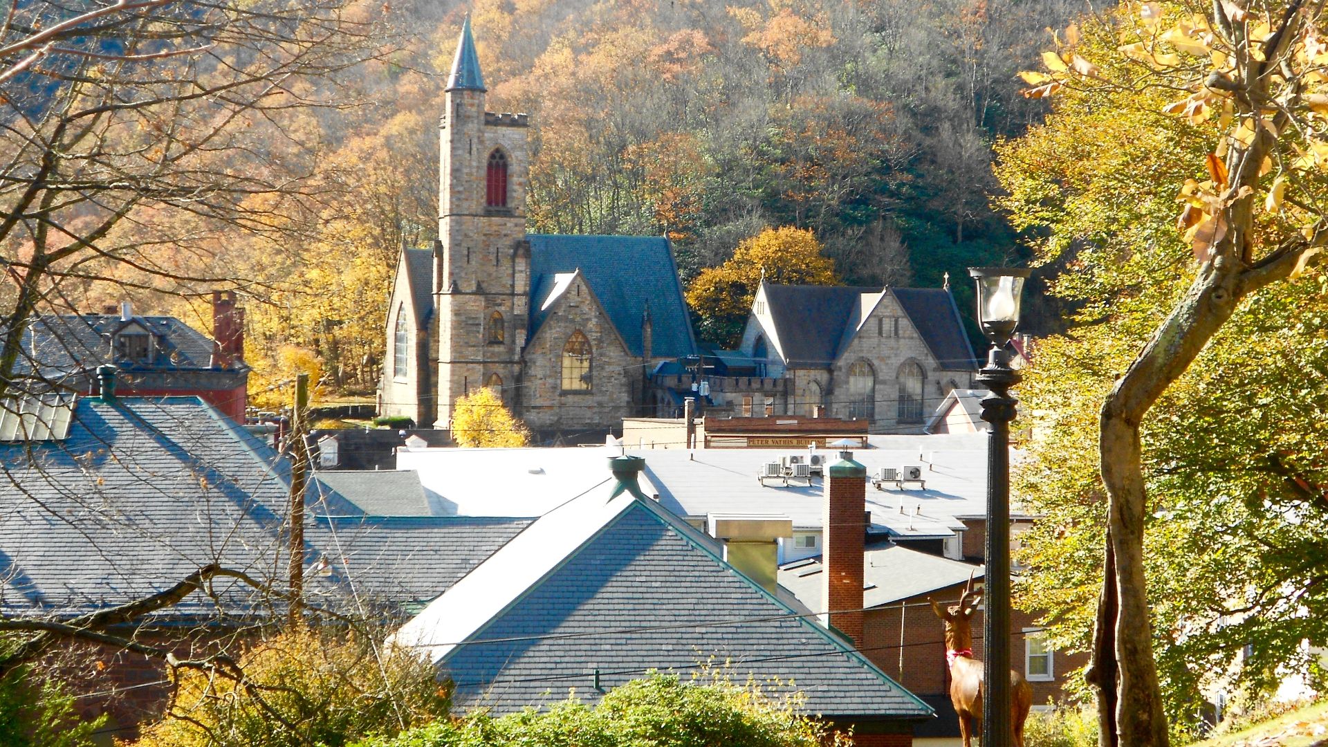 Overview of downtown Jim Thorpe, Carbon County, Pennsylvania. View is of St. Mark's Episcopal Church on the SE side of downtown from the park by the Asa Packer Mansion on the other side.