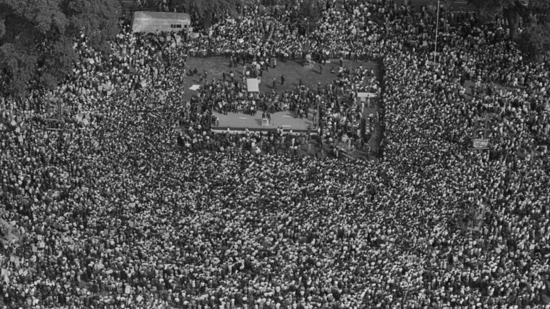 Aerial view of crowd and stage at the March on Washington, 1963