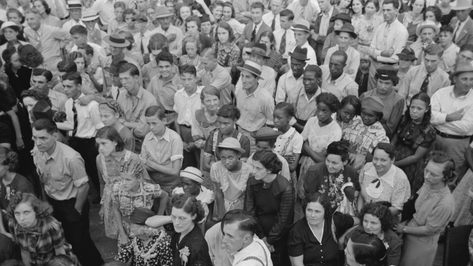 Crowd listening to Cajun band, National Rice Festival, Crowley Louisiana, 1938