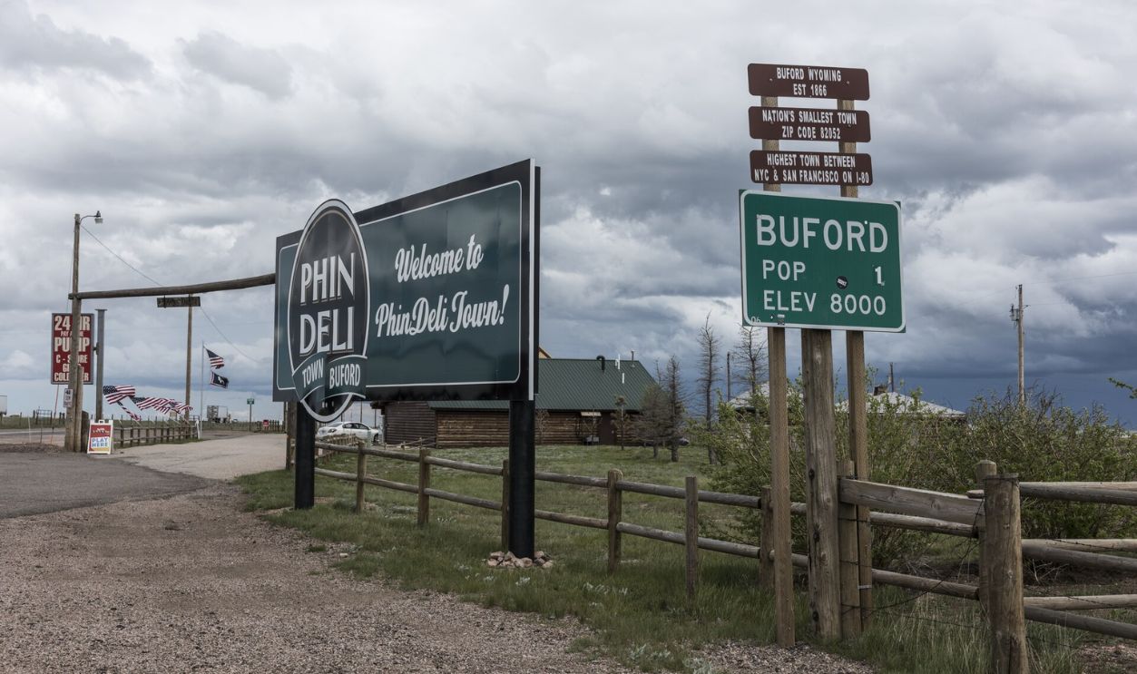 File:Signs at the tourist-attraction town of Buford in rural Albany County, Wyoming LCCN2015632872.tif