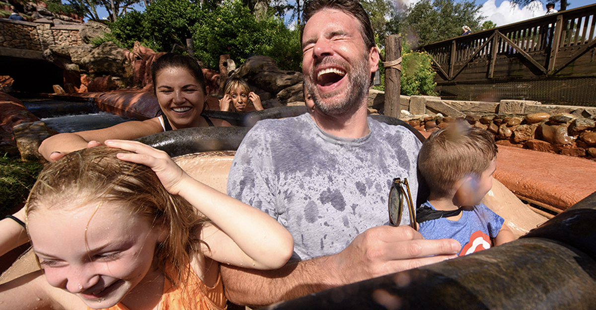Actor Scott Foley and family enjoy a plunge down Splash Mountain at Disney’s Magic Kingdom Park October 4, 2016 in Lake Buena Vista, Florida.