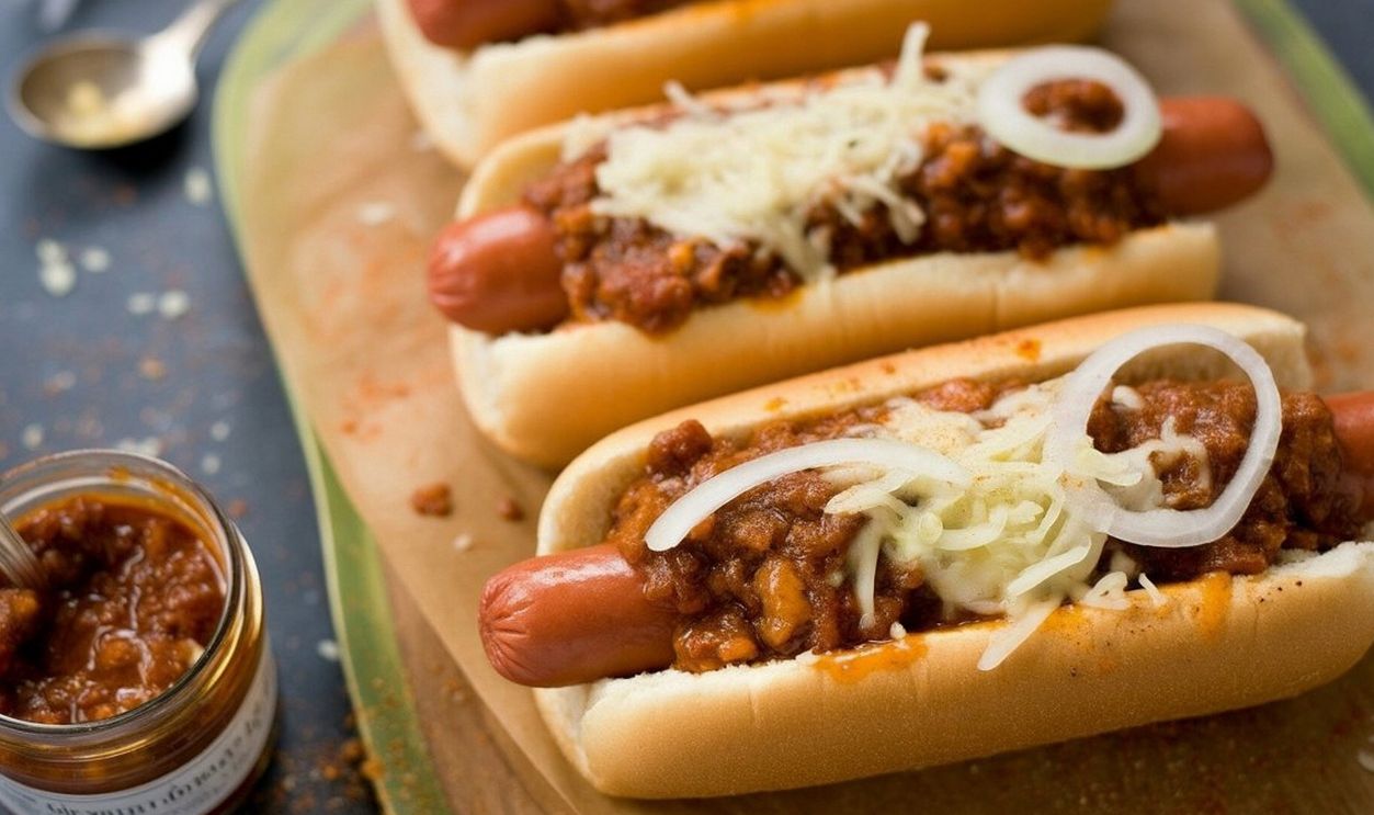 Chili Cheese Dogs : Grilled hot dogs in soft buns topped with rich beef chili, shredded cheese and onions, an American ballpark favorite packed with messy comfort, bold flavor and diner appeal.