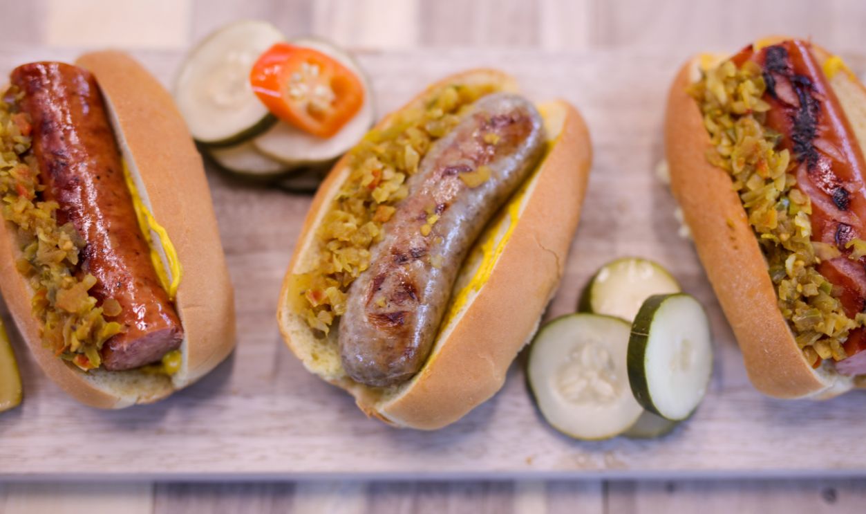 Gourmet Dogs with Spicy Relish and Cold Box Pickles