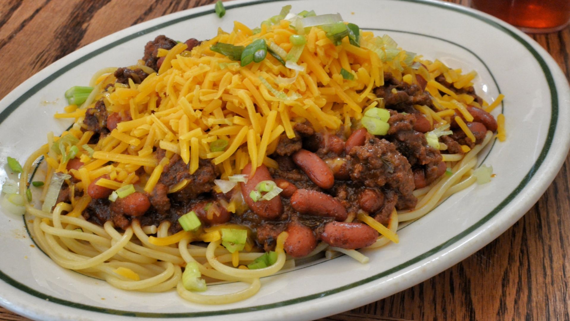 Chili mac prepared with spaghetti noodles
