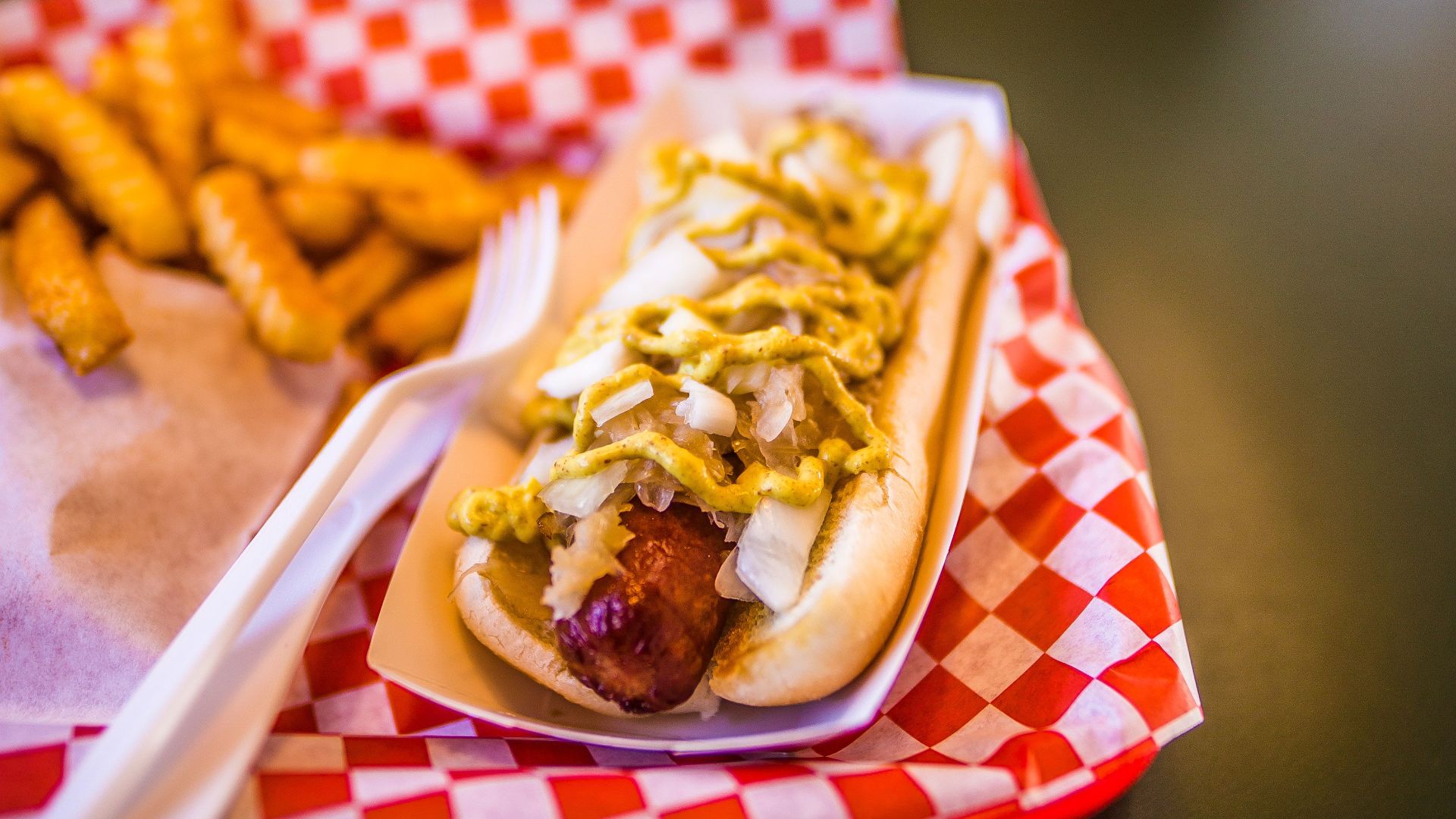 Delicious hotdog topped with mustard and onions, served with crinkle fries.