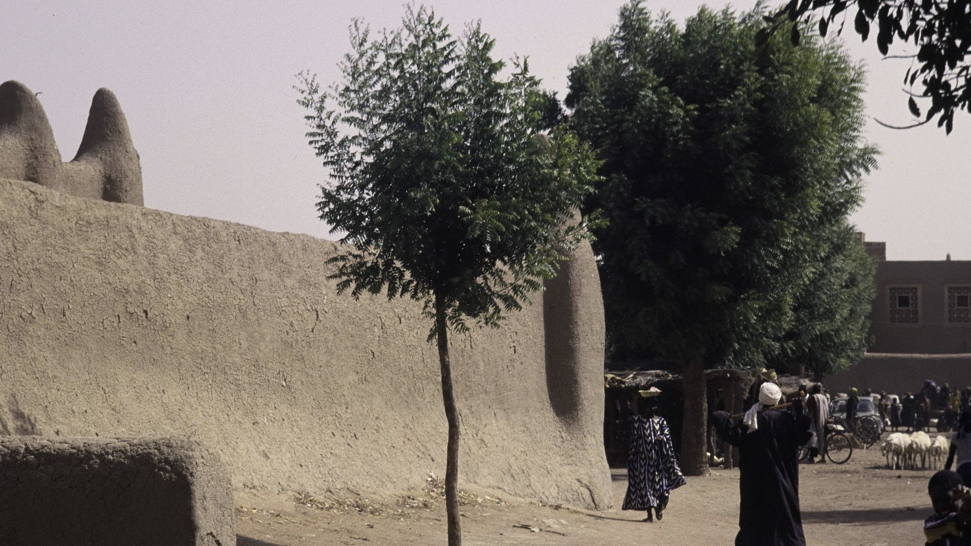 A street scene at a market and a low smooth mud wall of the Great Mosque. A woman is carrying a bowl on her head, a man with a white headscarf is walking away. A group of sheep? Left covered market stalls in the shade. Stationary cyclists, a car, a cart.