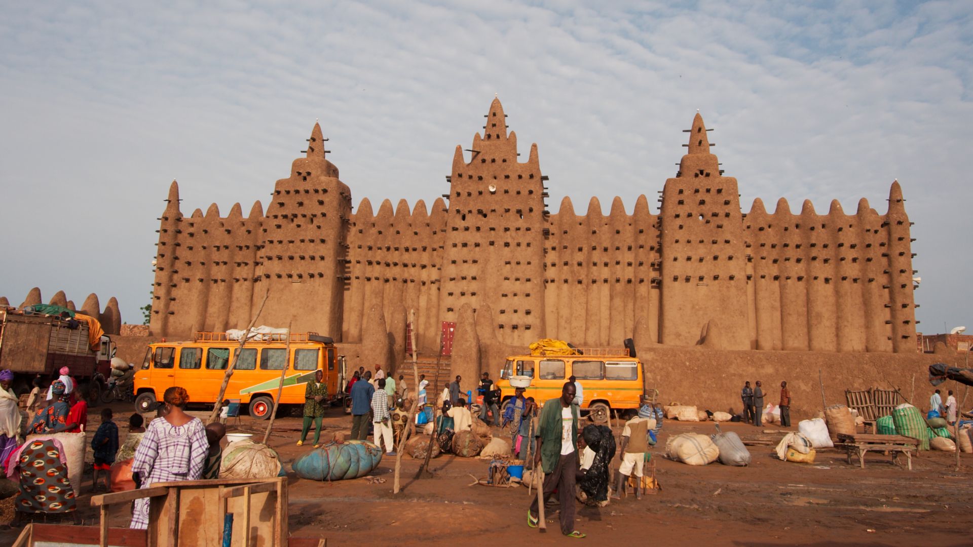 Great Mosque of Djenné and the Monday street market in Mali.