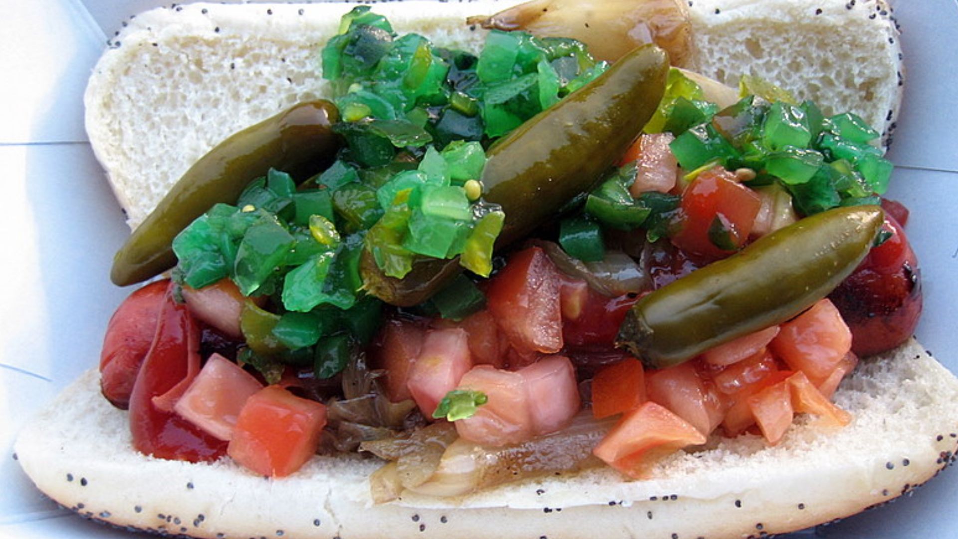 Hot dog with grilled onions, tomatoes, sport peppers, and relish on a poppyseed roll.  You'd think I manipulated the color of that relish, but it really is that toxic green color!  And yes, I did put ketchup on the dog, but I didn't know any better...  =(