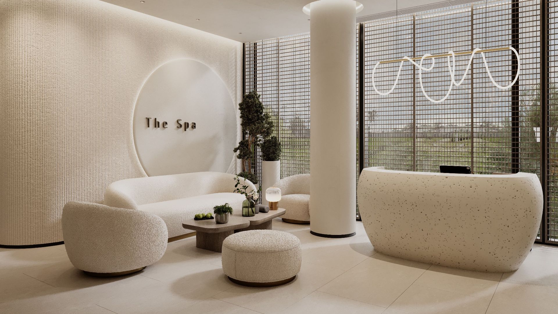A serene and minimalist spa interior featuring curved furniture and natural light. Perfect for relaxation.