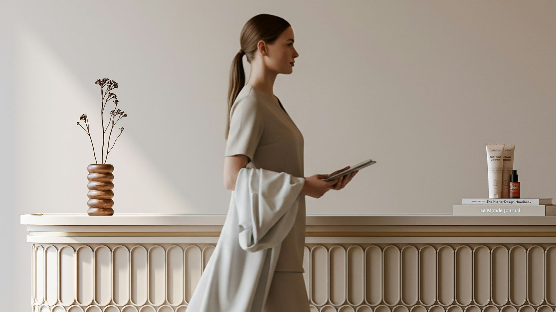 Woman walking past a decorative reception desk