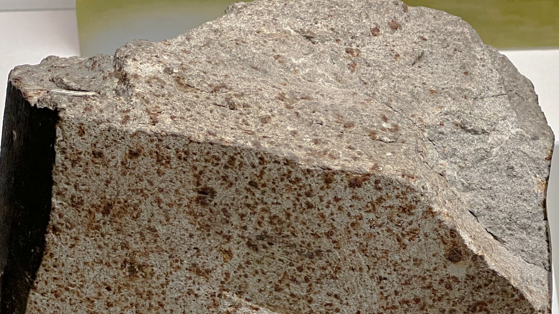 Steinmeteorit, Chondrit,  von Mauerkirchen. Gefallen am 20. Nov. 1768. Das größte erhaltene Stück des Meteoriten. Der Meteorit wurde nach der Bergung an die Königliche Akademie nach München gebracht, wo man ihn später in mehrere Stücke aufteilte.