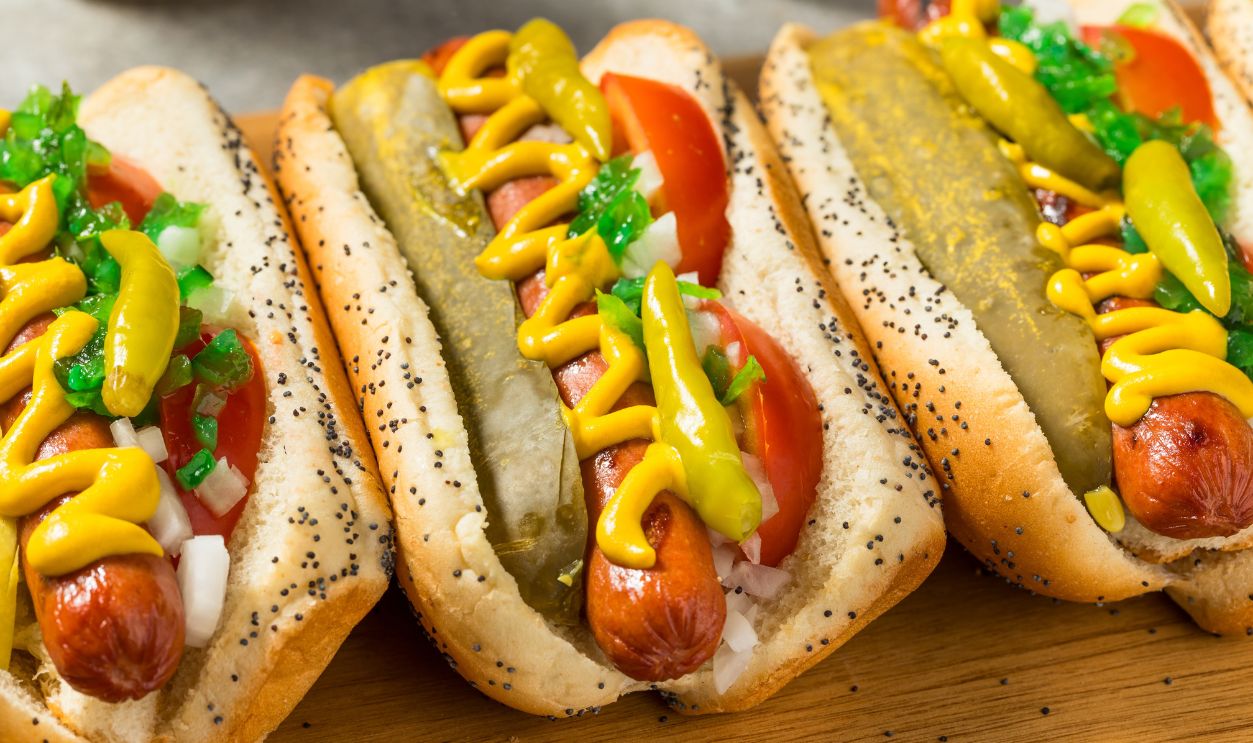 Chicago Style Hot Dogs with Mustard Relish and Sport Peppers