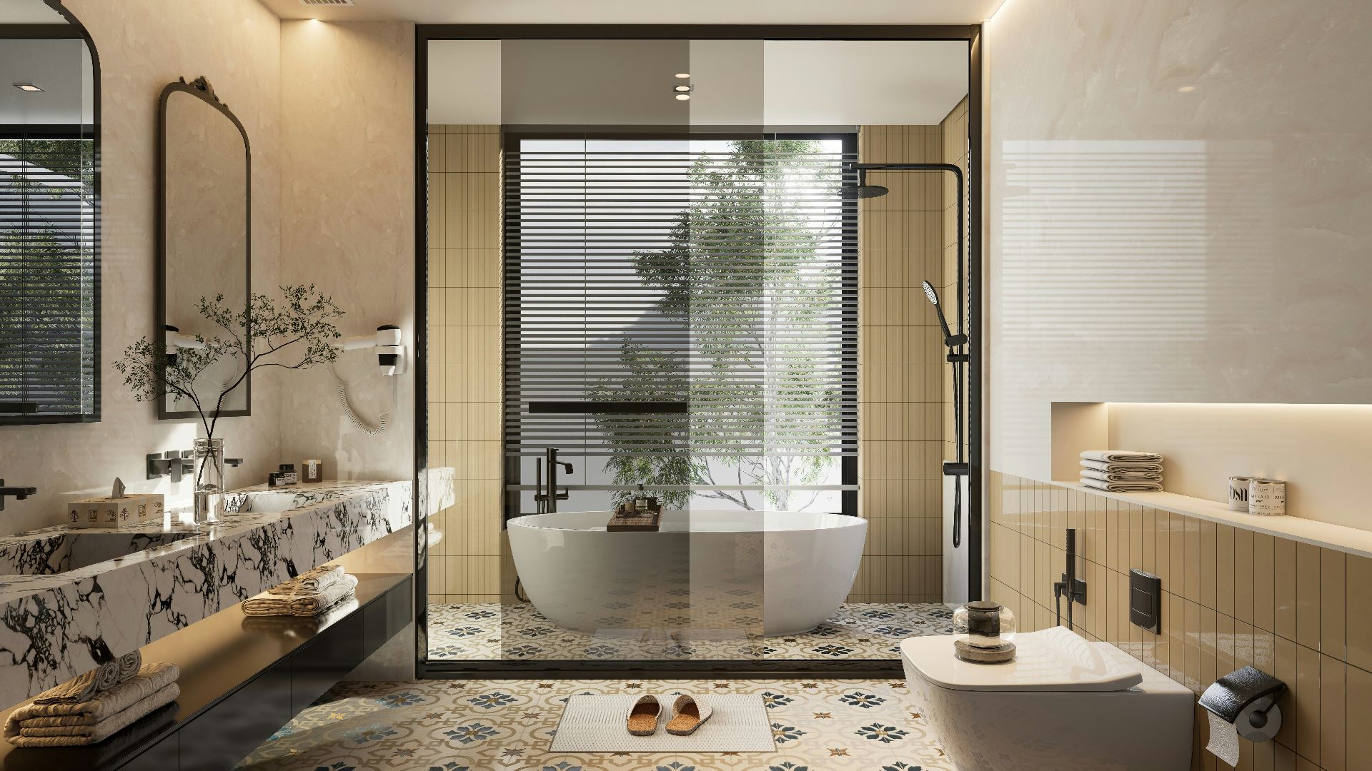 Modern bathroom with bathtub and toilet