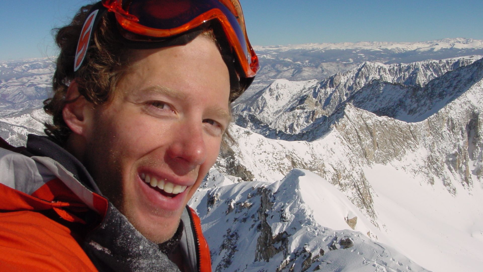 Self-portrait of American mountaineer Aron Ralston on the 14,137-foot-high summit of Capitol Peak, in Pitkin County, Colorado, USA, on February 7th, 2003.