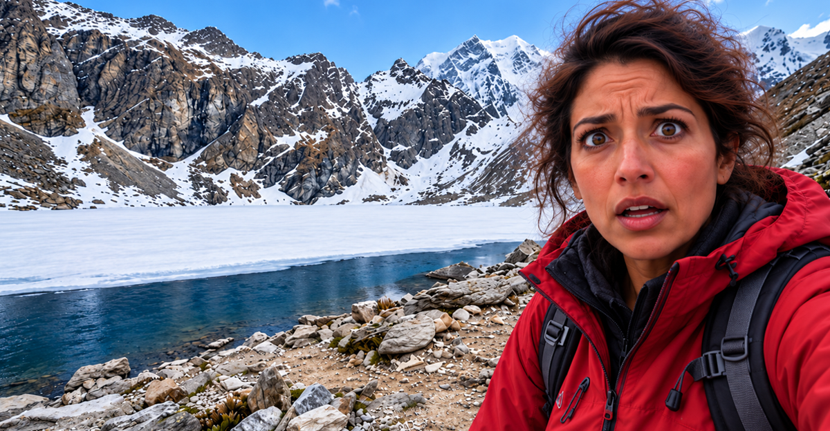 AI-generated image of a woman next to a remote lake
