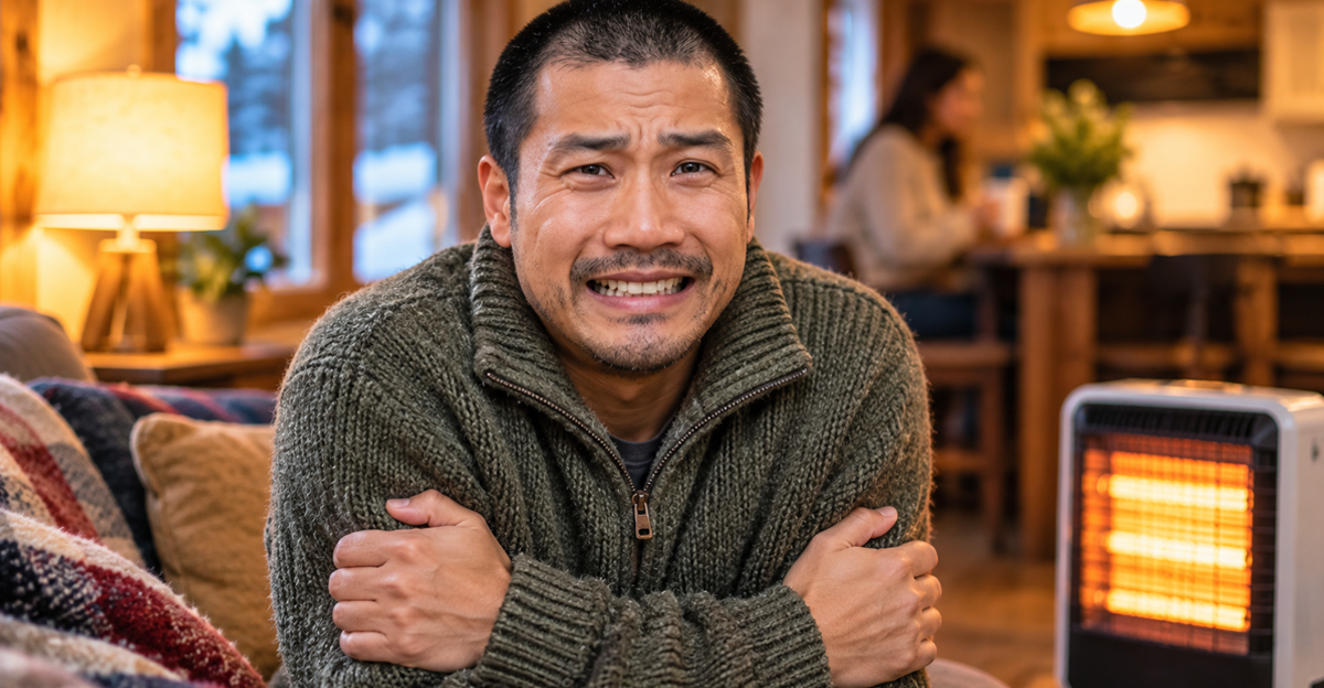 AI-generated image of a man shivering next to an electric heater