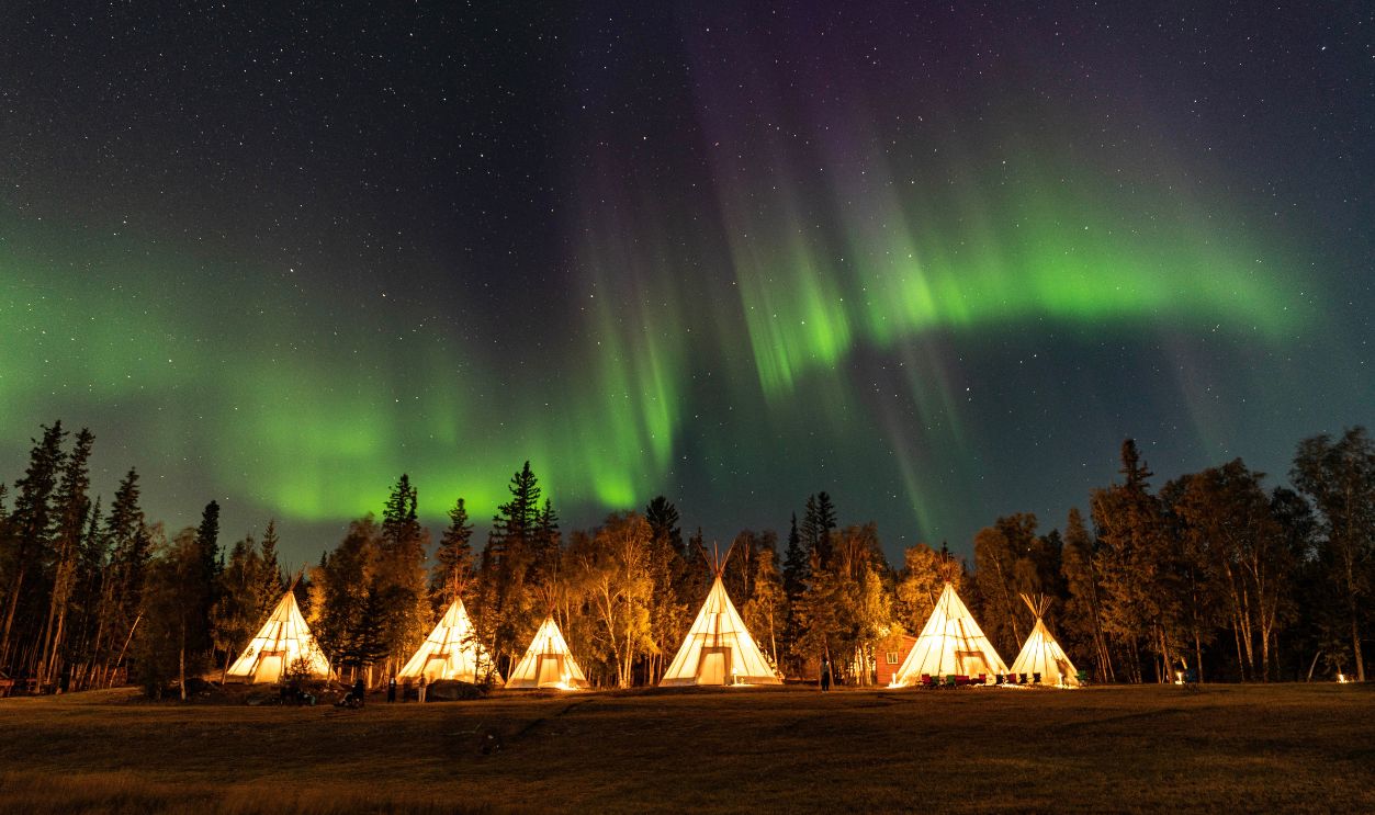 Northern Light, Aurora Borealis over Teepee and Forest, Strong Aurora Storm, Yellowknife, Northwest Territories, Canada