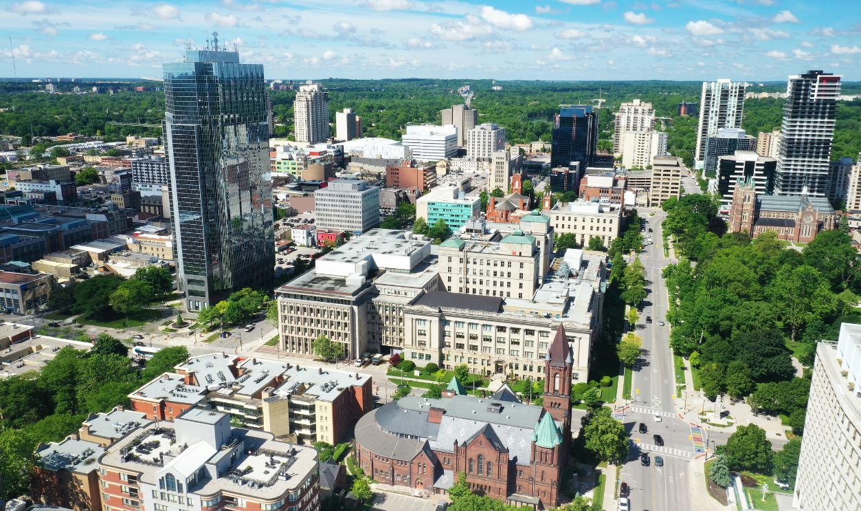 An aerial scene of London, Ontario, Canada in late spring