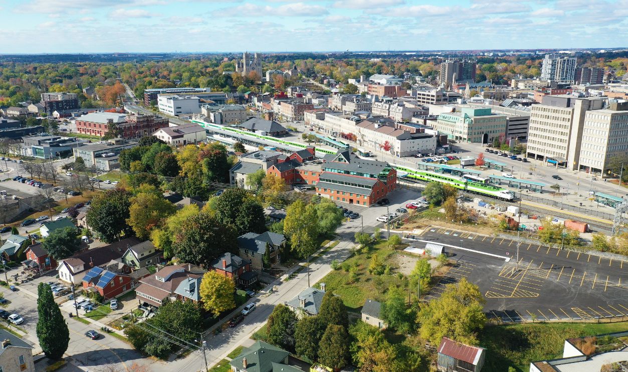 An aerial scene of Guelph, Ontario, Canada on summer day